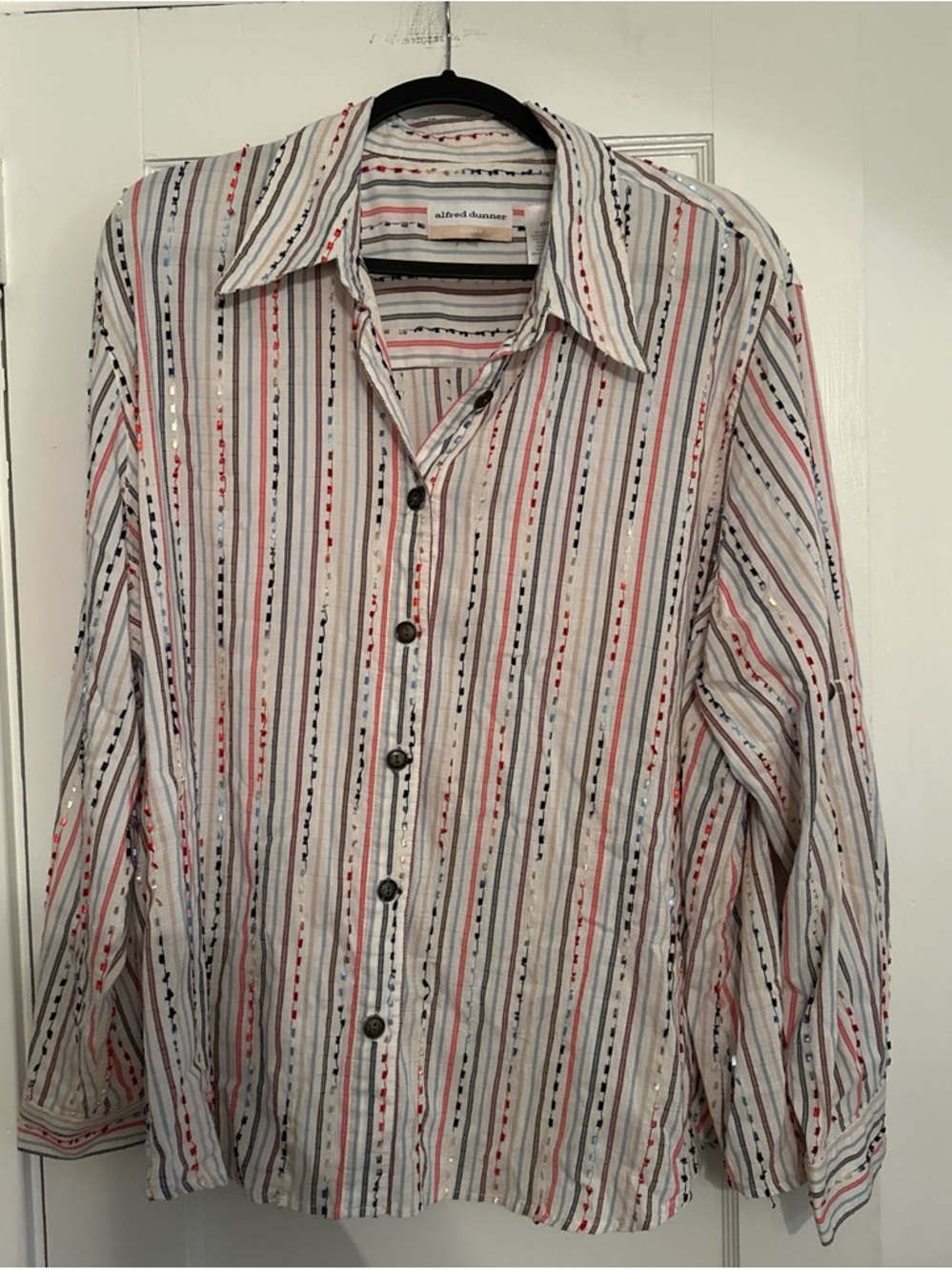 Alfred Dunner White Button-Down Shirt with Red, Navy and Light Blue Stripes